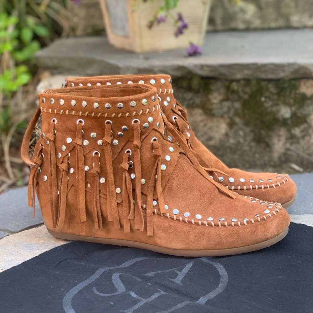 Fringed Suede Moccasin Ankle Boots in Chestnut